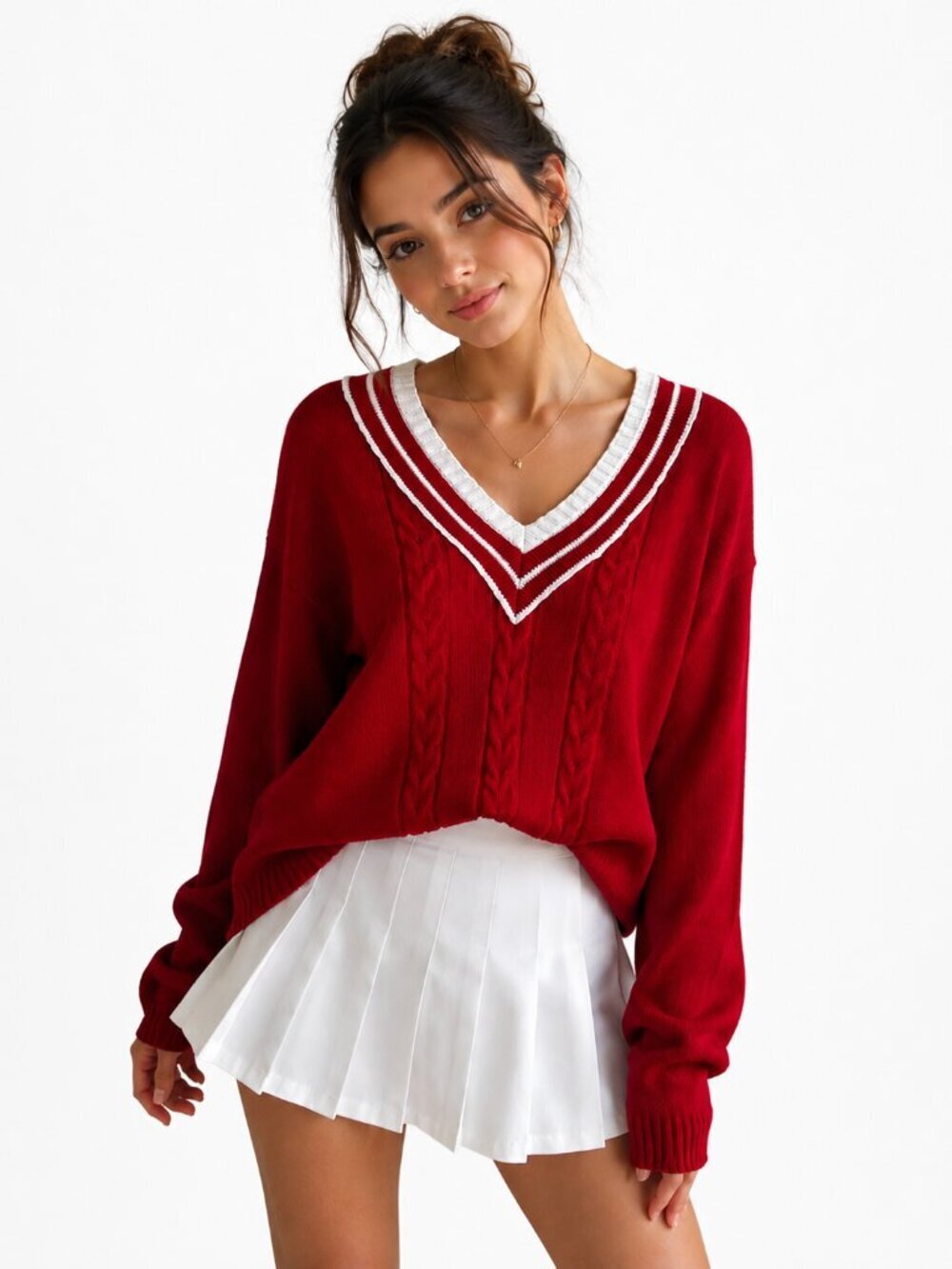 Vintage SK Wear Sweater Size Large V-Neck Tennis Preppy Academia Red Ramie